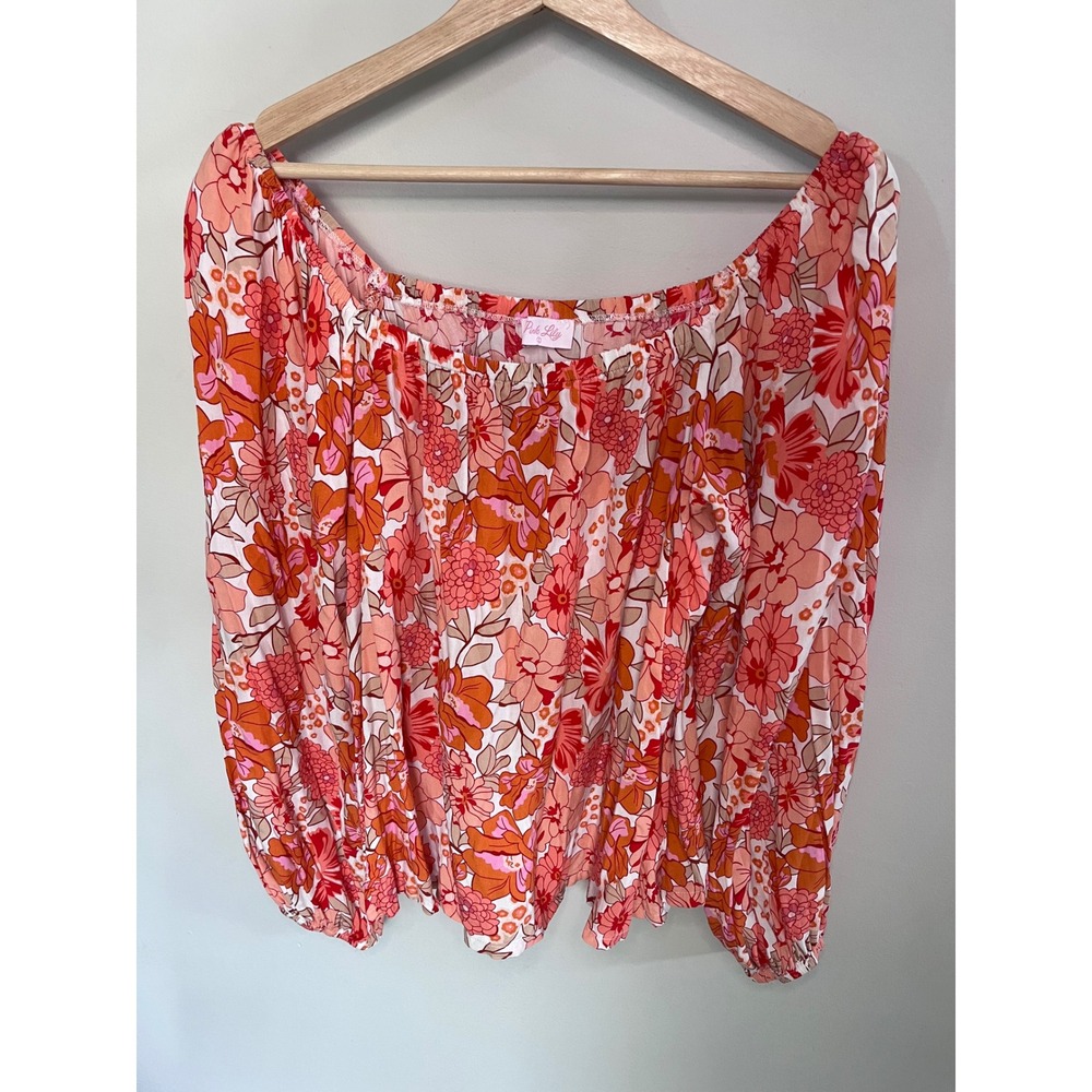 Pink Lily Floral Blouse Orange Pink Retro 70s Puff Sleeve Top YMPL211680 Large